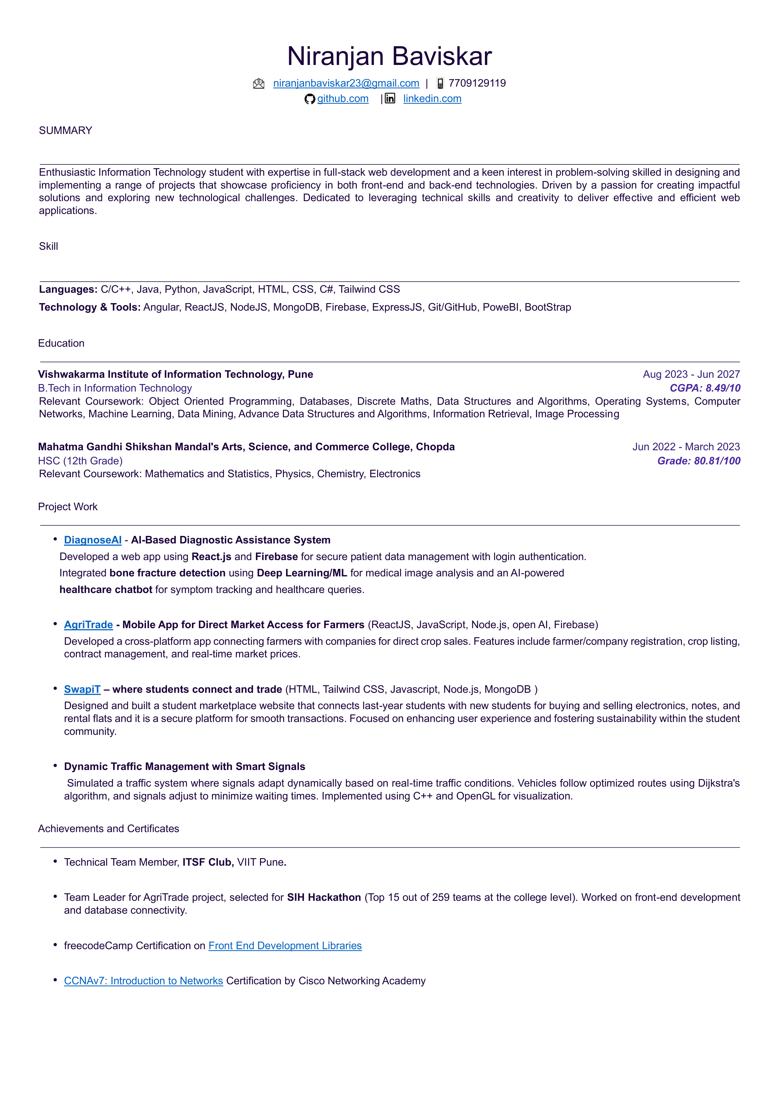 Resume of Niranjan Baviskar